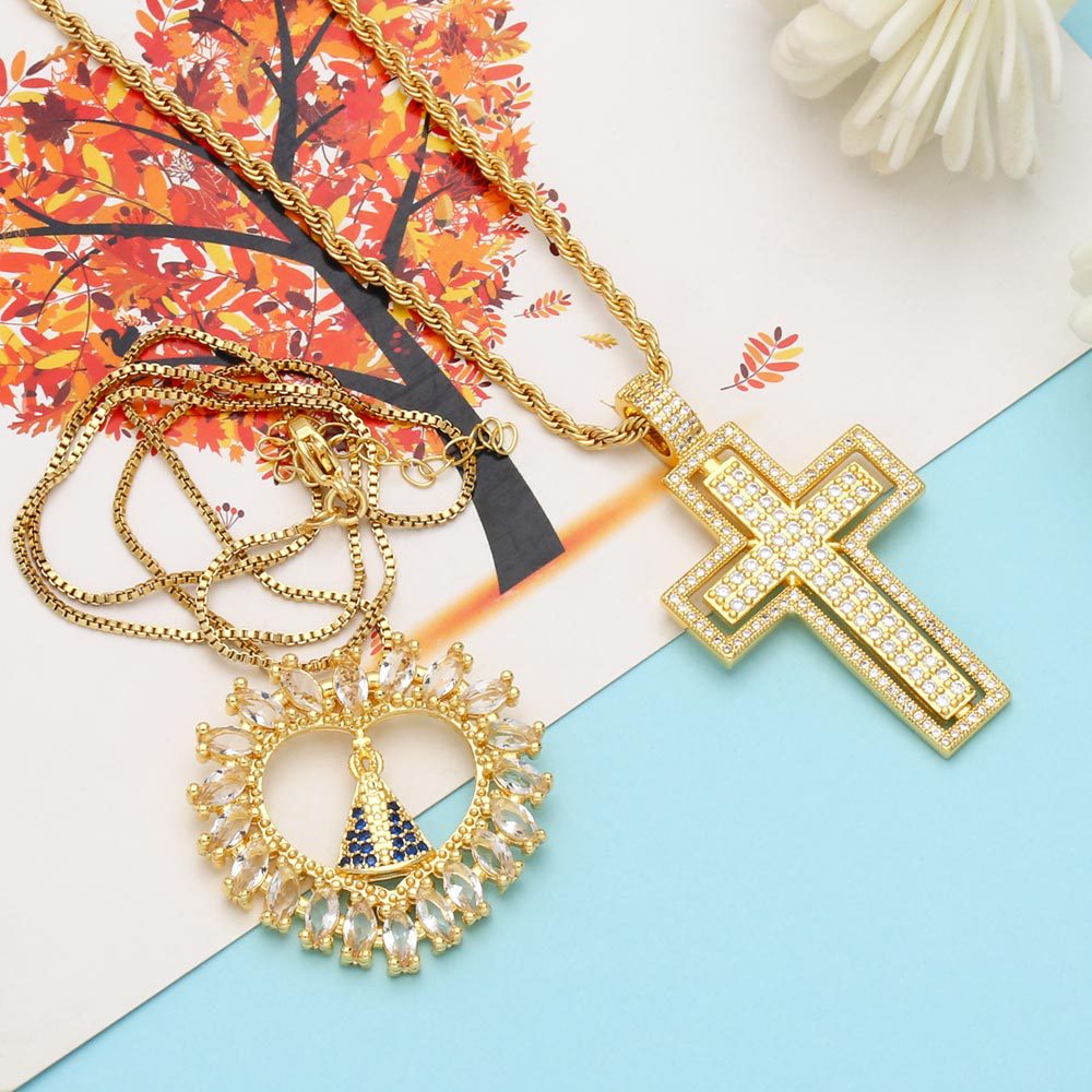 Fashion Cross Copper Pendant Necklace Inlay Zircon Copper Necklaces