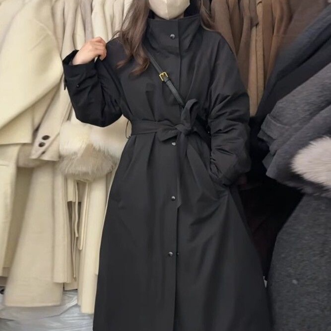 Black Korean-Style Mid-Length Stand-Collar Trench Coat down Cotton Jacket for Women 2025 Winter New Loose Waist-Cinching Coat Top Black Korean-Style Mid-Length Stand-Collar Trench Coat down Cotton Jacket for Women 2025 Winter New Loose Waist-Cinching Coat Top