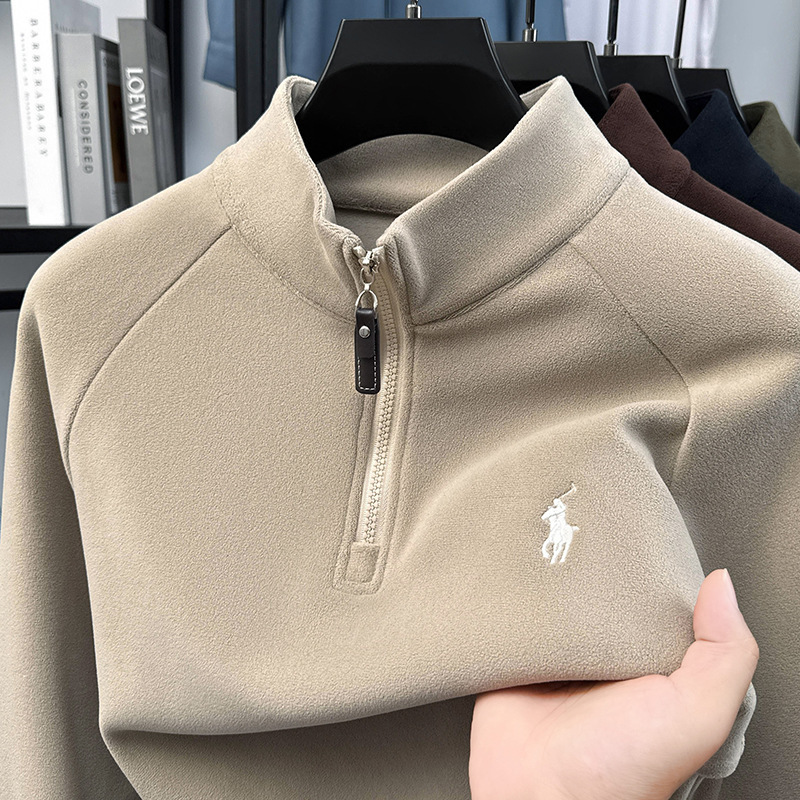 Wool Fleece-Lined Thickeneded Sweatshirt for Men in Autumn and Winter New Half-Zip Men's Embroidered Bottoming Shirt Business Simple Top for Men