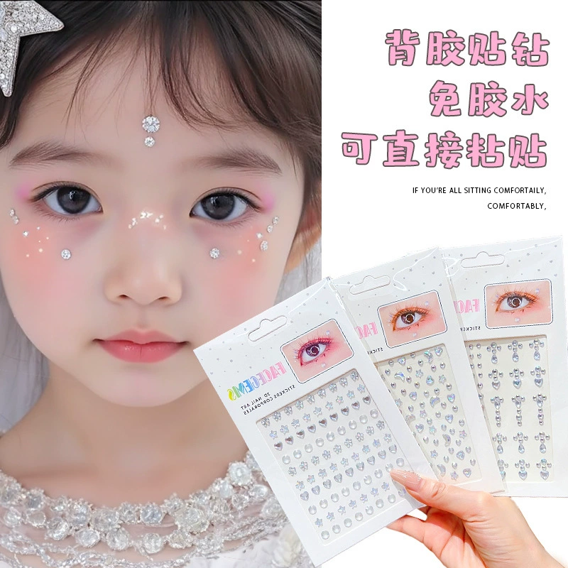 Наклейки для лица без клея для маленьких девочек, новые наклейки с бриллиантами для девочек 2025 года, детские стерео наклейки для лица в форме стразов