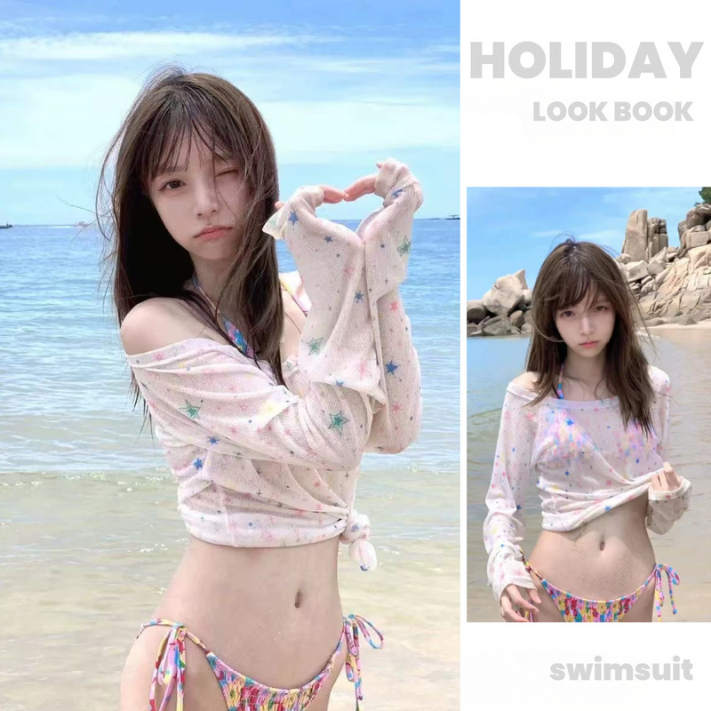 Swimsuit Women's Floral Bikini Pure Desire Long-sleeved Blouse Sunscreen Small Chest Gather Slimming Hot Spring Spice Girls Ins