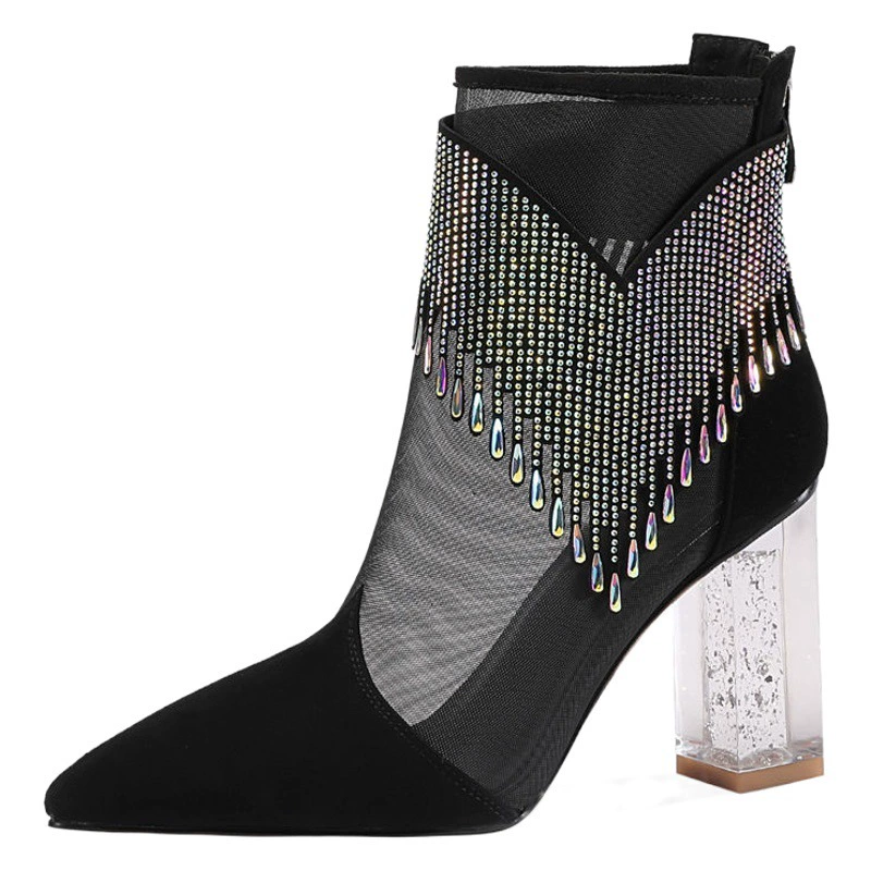 Сетчатые короткие сапоги 2023 Летние сандалии на высоком каблуке с кисточками и острым носком со стразами Повседневные модные сандалии на высоком каблуке Модные