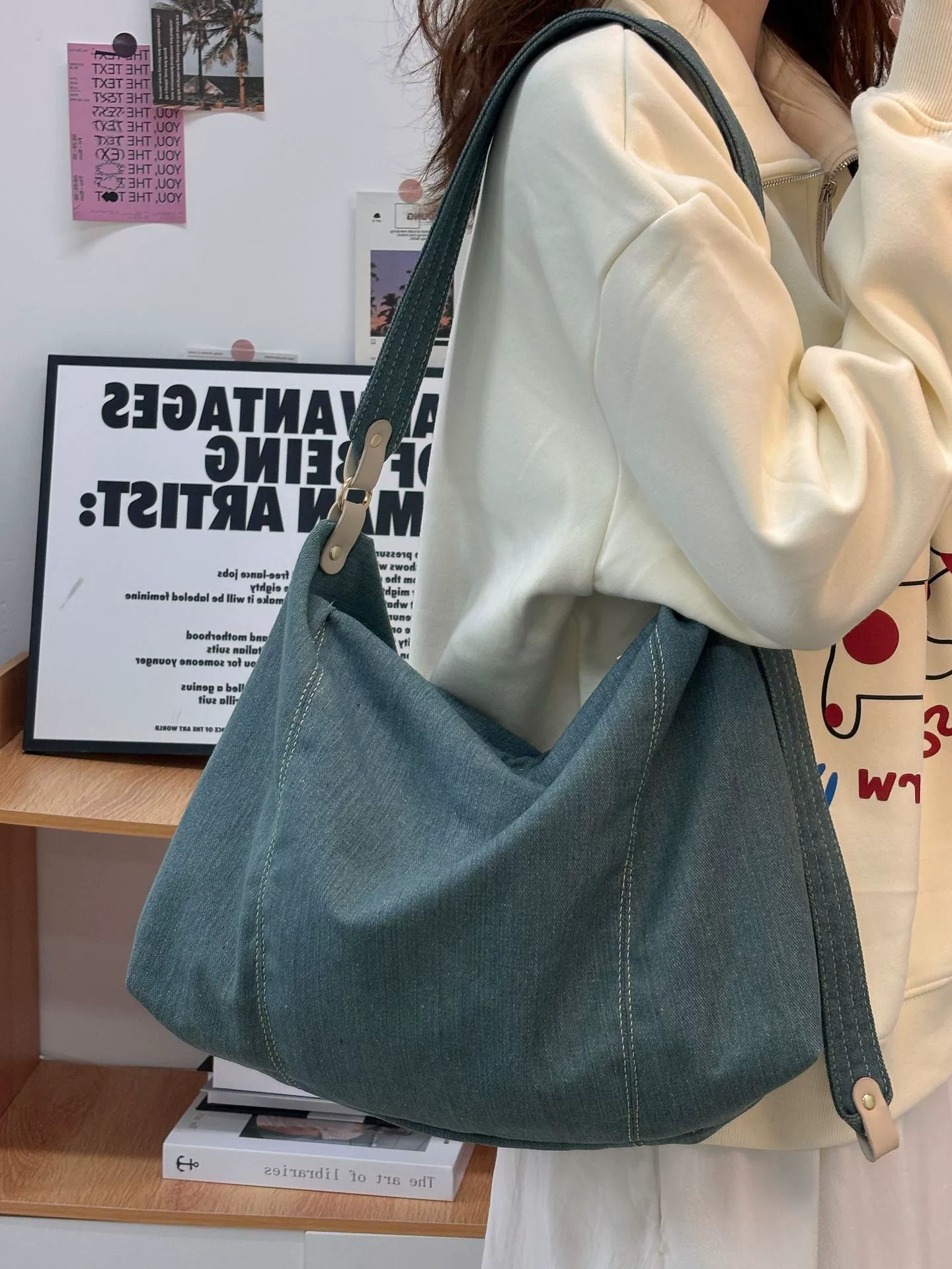 Многозанковая емкая джинсовая сумка-шопер, сумка подмышку, сумка через плечо