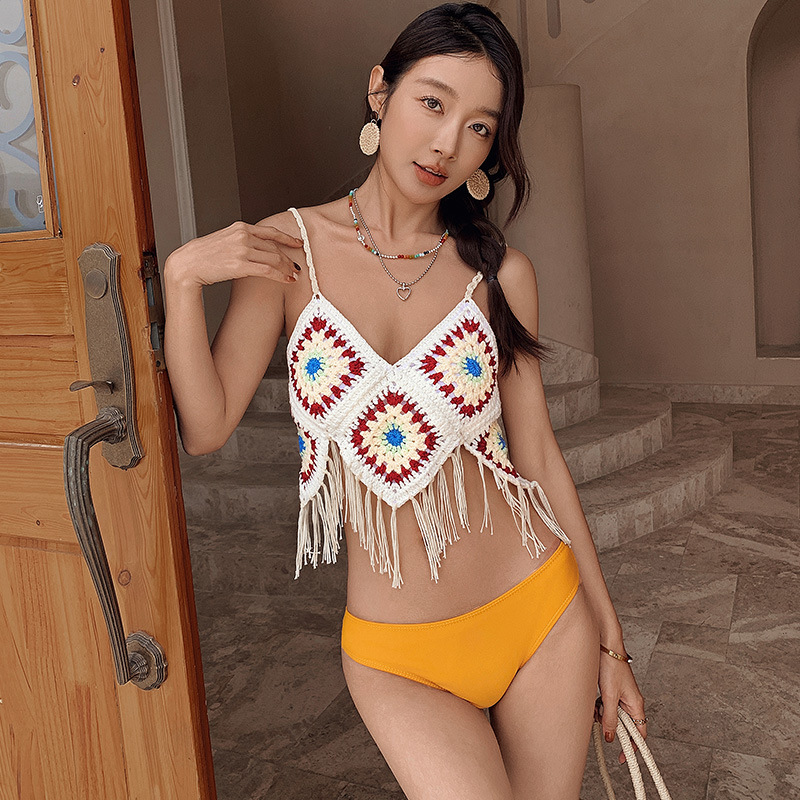 泰国外贸泳衣女性感三角分体比基尼两件套小胸复古民族风温泉泳装