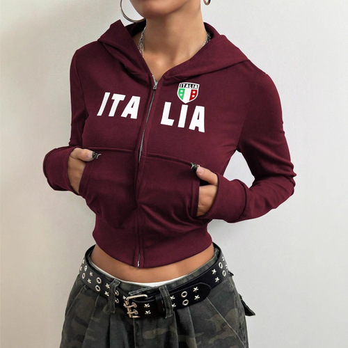 In Stock - 73091# Amazon Cross-Border Women's Fashion: Trendy Short Hooded Zip-Up Printed Sweater Jacket (EU/US Style)