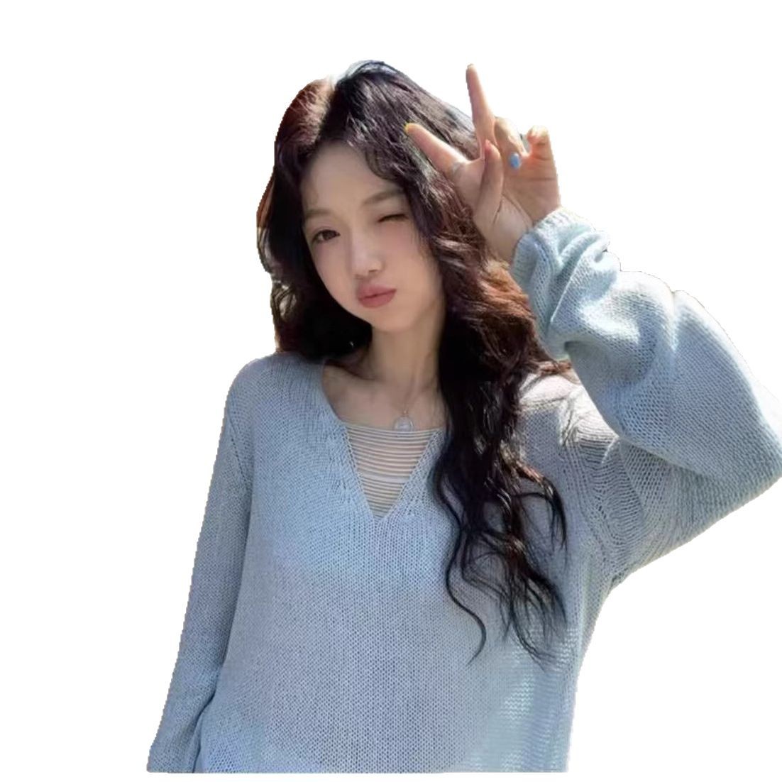 2025 primavera y verano nuevo estilo coreano simple cuello en V diseño hueco suelto casual todo-fósforo protector solar fino top de punto image 6