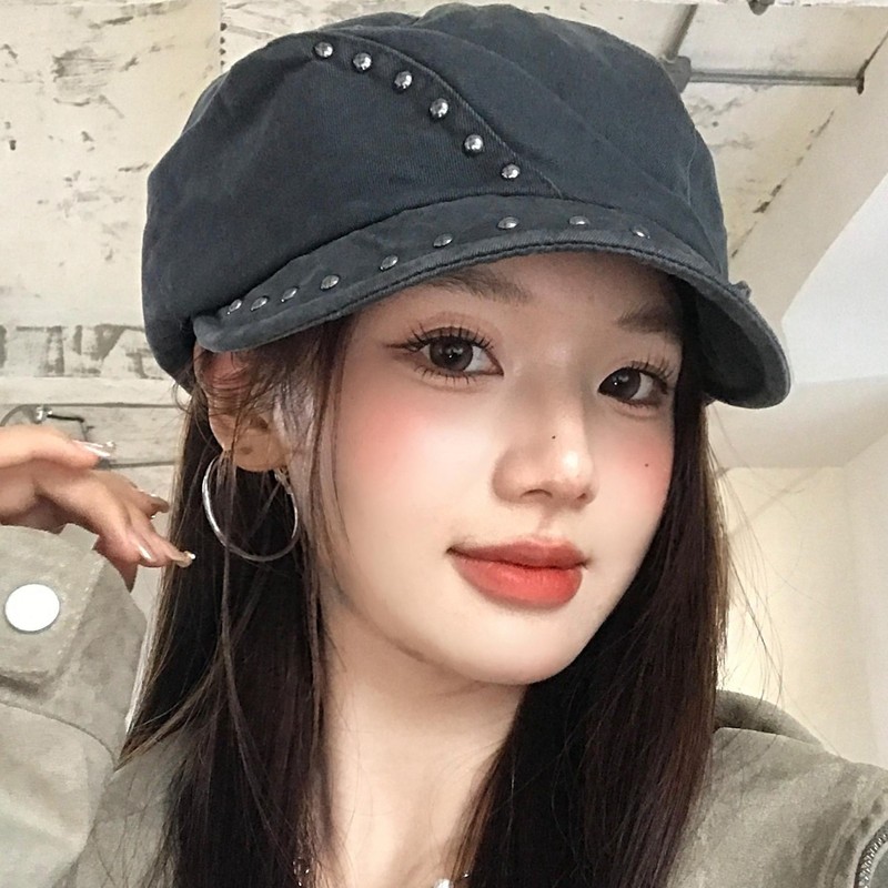 美式复古铆钉贝雷帽女个性小众辣妹显脸小报童帽千禧八角画家帽子|undefined