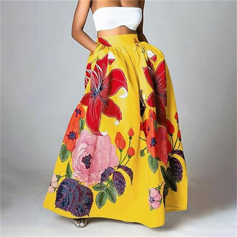 European And American Cross-border Foreign Trade Women's Skirt, Bohemian Floral Loose High-waisted Holiday Flared Pocket_ecoleips.com