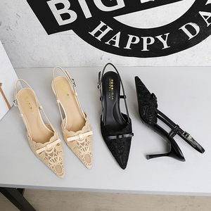 8718-A8 French style socialite bow, slim heels, high heels, women's sexy lace mesh, pointed straight buckle