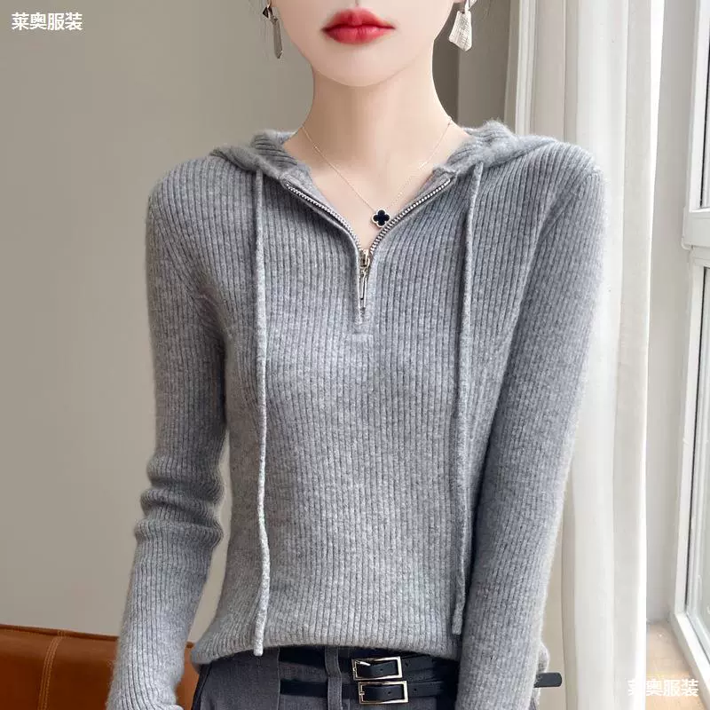 Корейская шерстяная вязаная толстовка с капюшоном 100 повседневная тонкая свитер нижняя рубашка с длинными рукавами осенняя и зимняя полурна на молнии толстовка