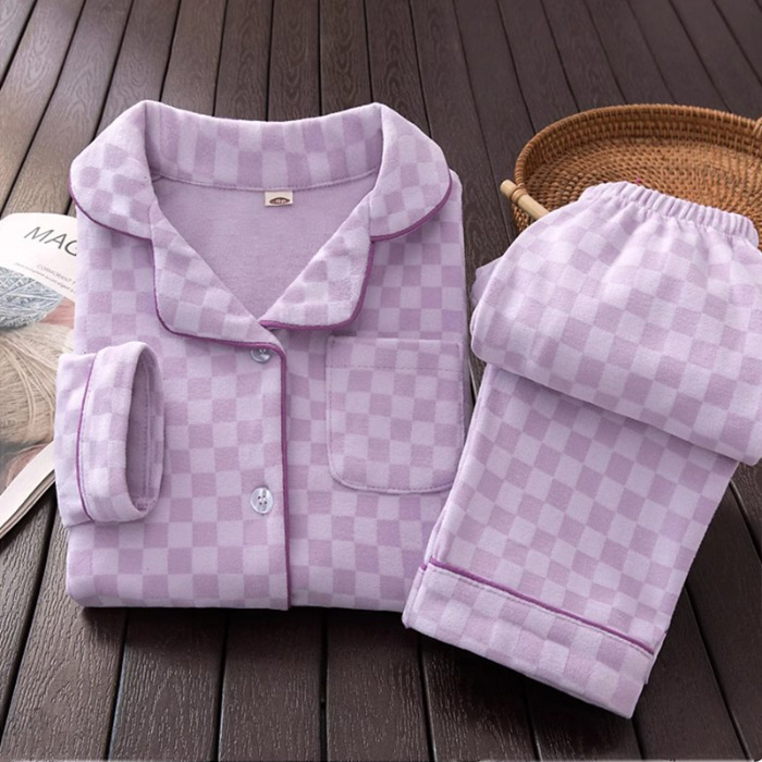 Pijamas de ternilla caliente para niños niñas primavera y otoño invierno set de ropa de casa para niños cuello casual de cuadrícula ropa de casa