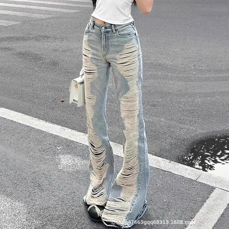 Y2K Millennial Hot Girl Style Low Waist Ripped Jeans for Women, Summer High Street Design, Slim Fit, Flared Long Pants