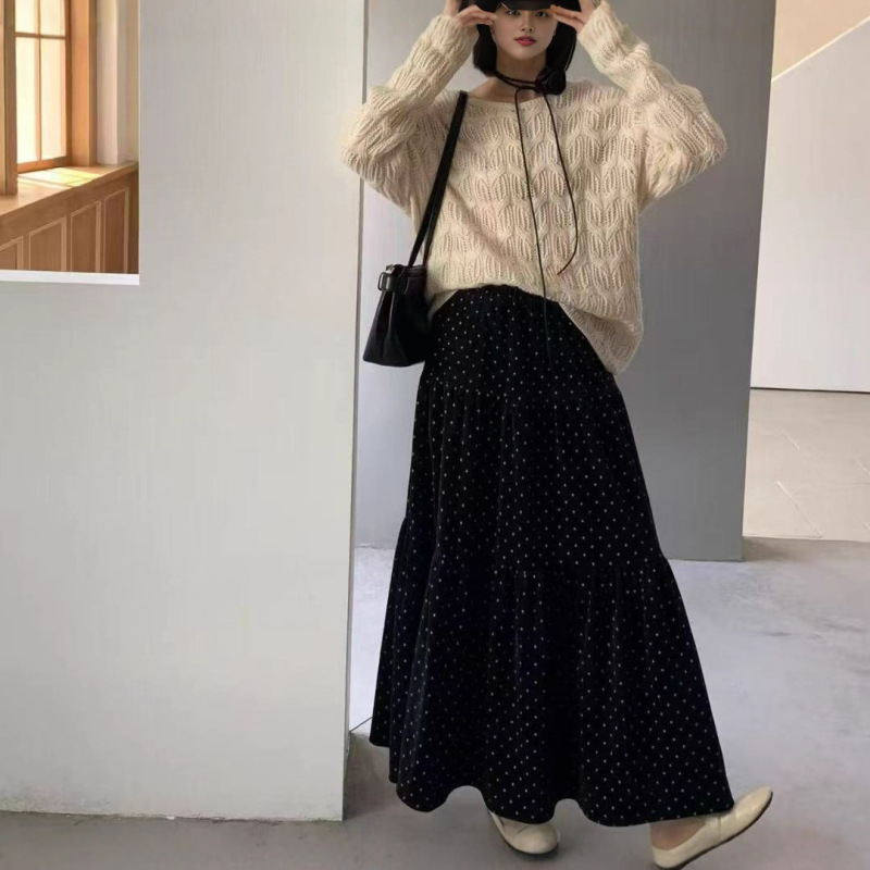 波点丝绒拼接半身裙女秋季2025秋冬新款高腰显瘦大摆蛋糕裙长裙|undefined