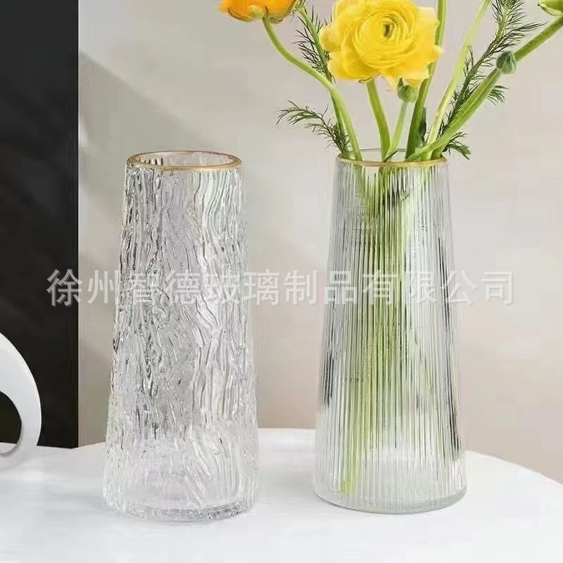 Vaso de vidrio transparente simple a rayas verticales ins viento de alto valor facial hidropónico doméstico rosa lirio al por mayor