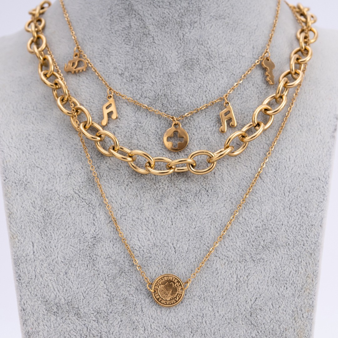 Metal texture multi-layer layered circular hang tag necklace for women's small accessories, clavicle c, Cuban neck_voghion.com
