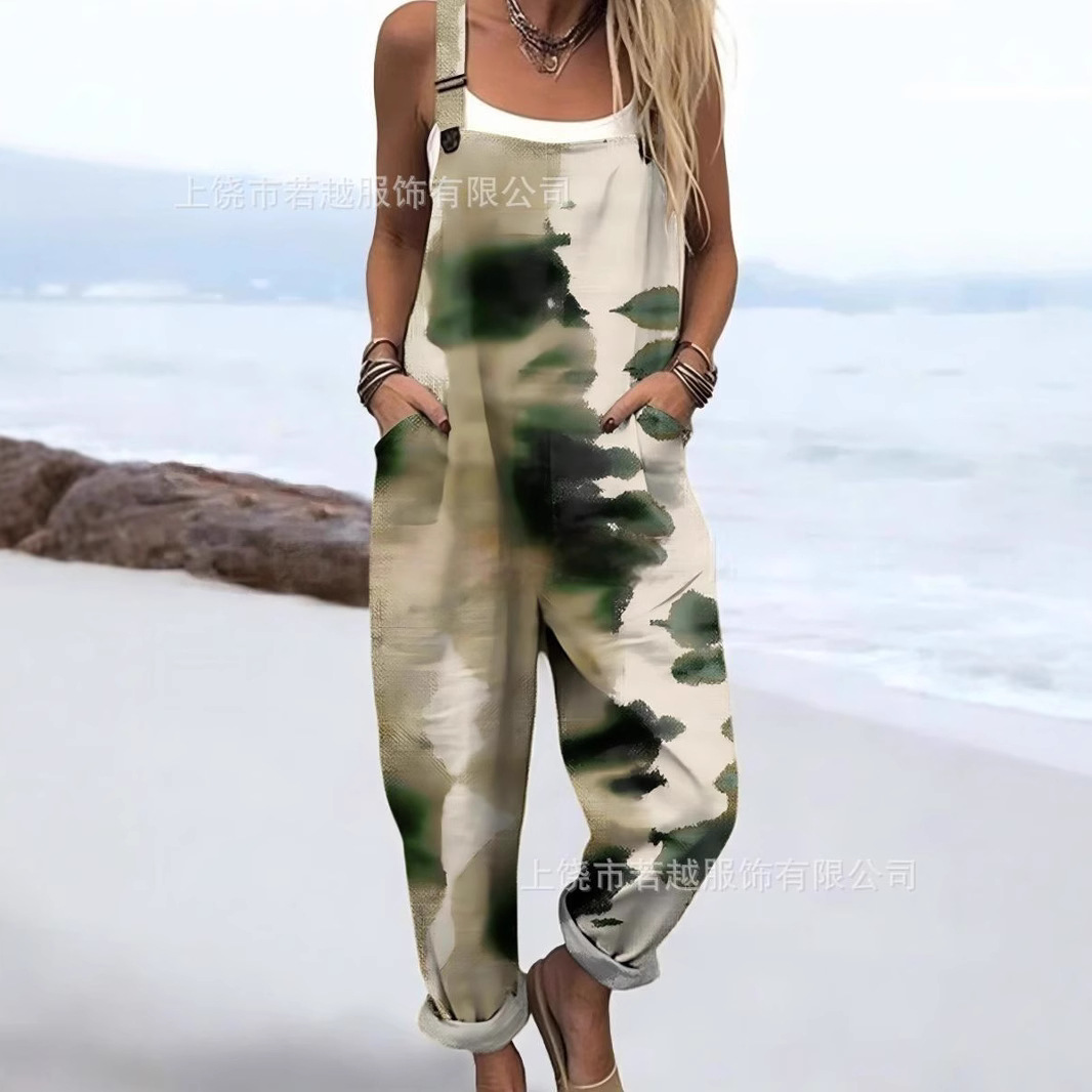 Amazon European and American Cross-Border 3D Digital Printing Women's Suspender Pants Vest with Flap Pocket Pants Fashion Floral Jumpsuit
