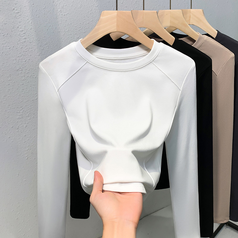 Blanco cuello redondo molido camiseta de mangas largas mujeres 2024 nuevo temperamento con camiseta de base universal blusa delgada image 1
