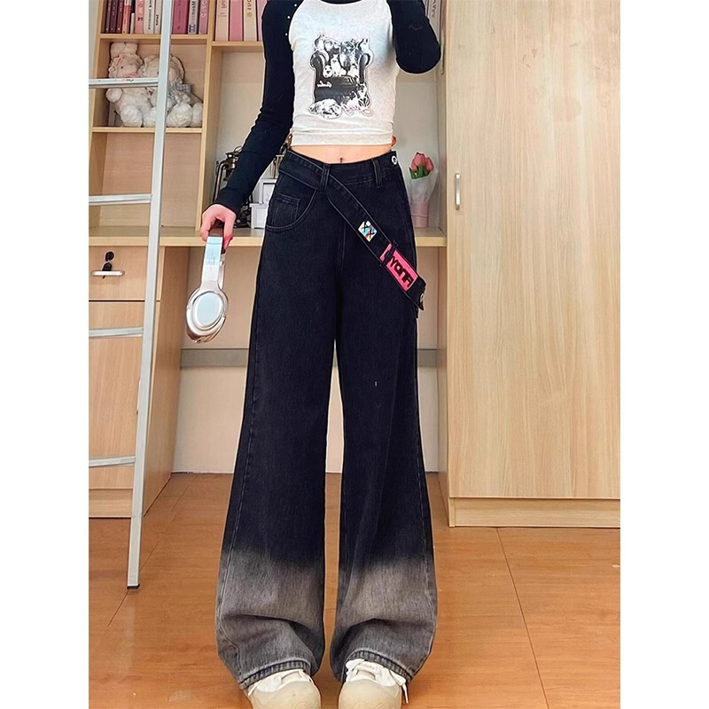 Plus Size Design Side Zipper Gradient Jeans for Women 2025 Spring & Fall New Retro High Waist Straight Wide Leg Pants