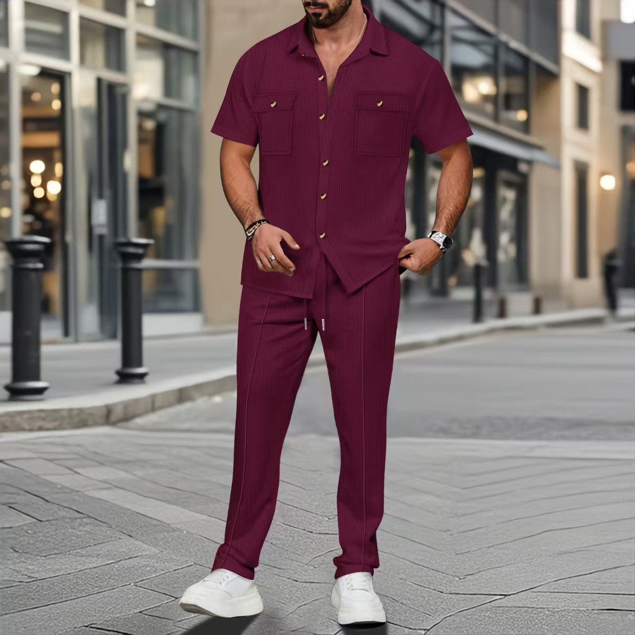Nuevo hombre transfronterizo estación independiente europea y americana verano nuevo botón de bolsillo camisa de manga corta pantalones largos de dos piezas