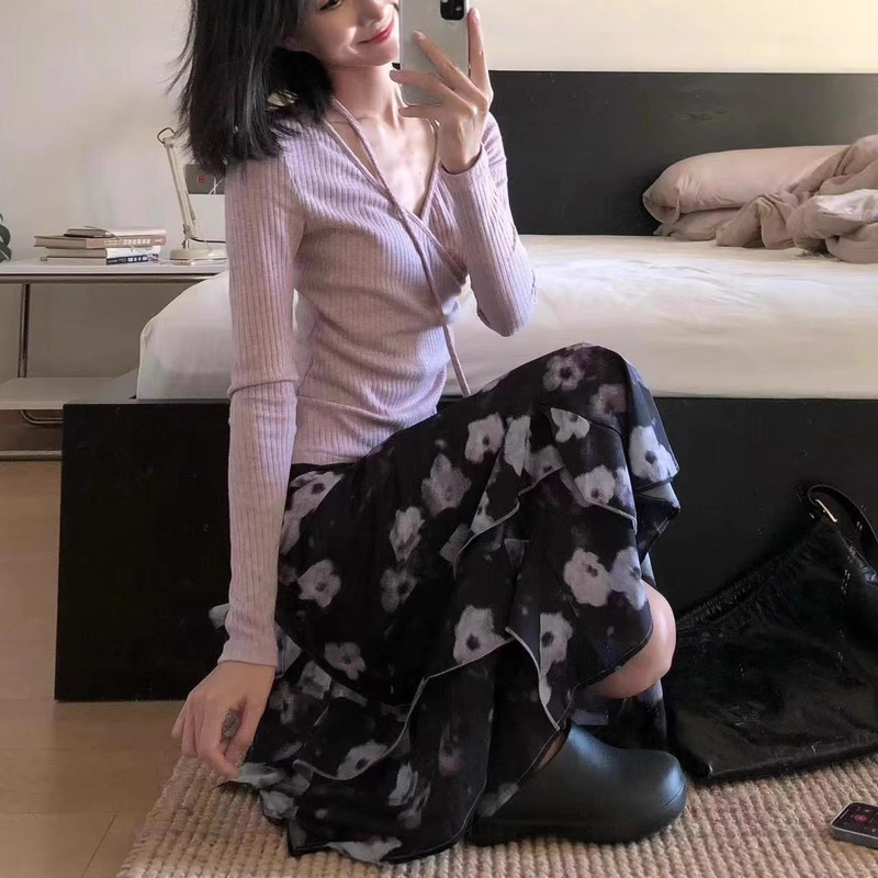 秋季套装女装2025新款新中式针织衫搭配印花半身裙韩系穿搭两件套|undefined