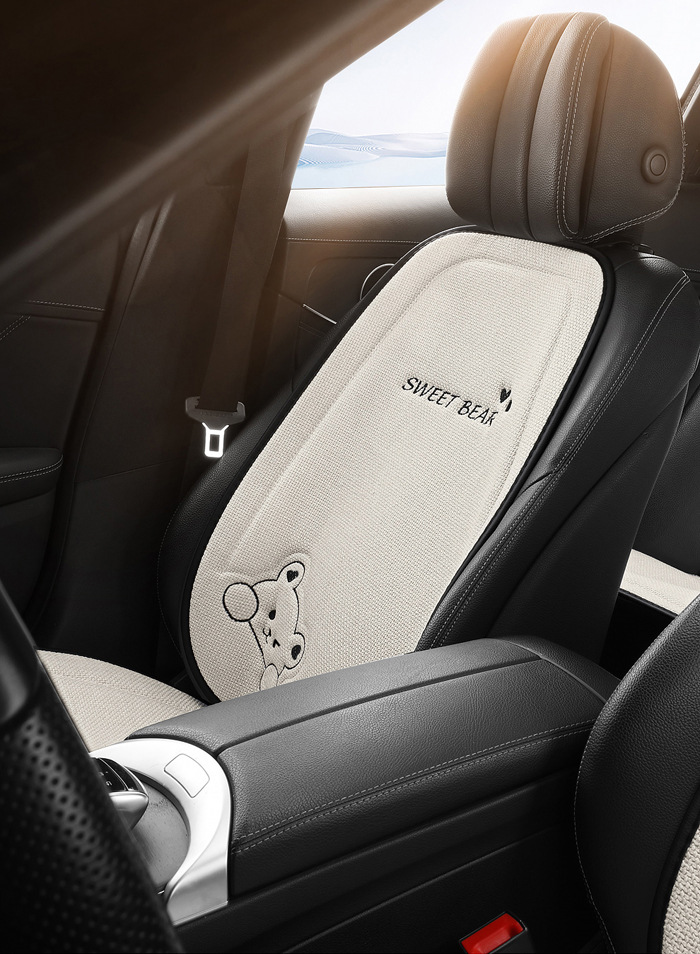 Car Seat Cushion for All Seasons, Linen Cartoon Rear Seat Cushion, Single-Piece Seat Cover for Women