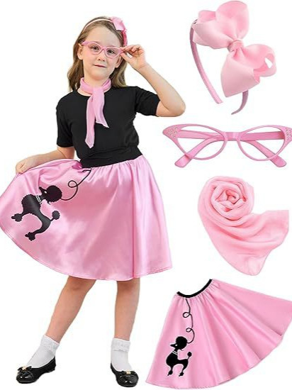 贵宾犬裙适合 50 年代女孩服装配饰万圣节服装带头带、眼镜、围巾