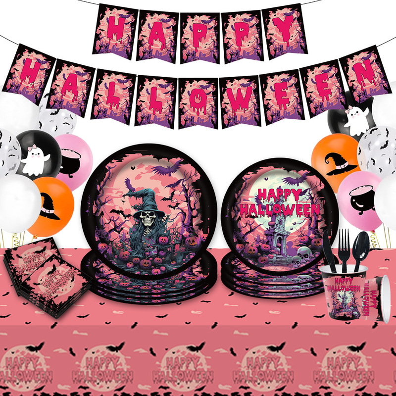 Halloween Theme Party Tableware Paper Tray Paper Towel Birthday Supplies Pink Scary Disposable Birthday Party suit