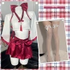 White + red miko kimono + white butterfly and white silk