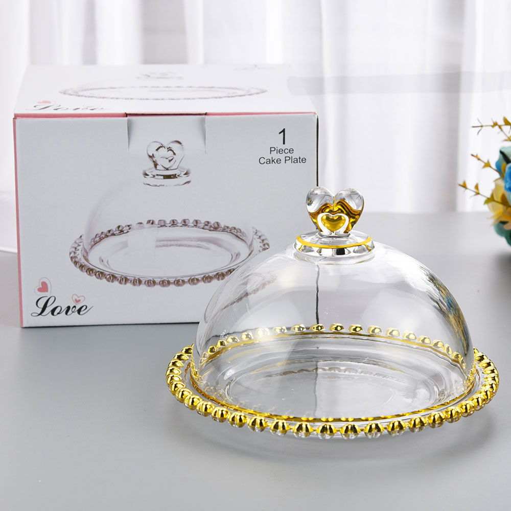 爱心玻璃甜品盘子 欧式描金带盖托盘家用水果盘 高颜值轻奢玻璃罐