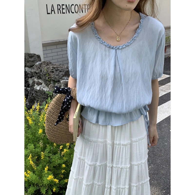 3Th Morning Jasmine Pine Tea Romantic Lace Hem Drawstring Round Neck Short Sleeve Shirt Zy4241