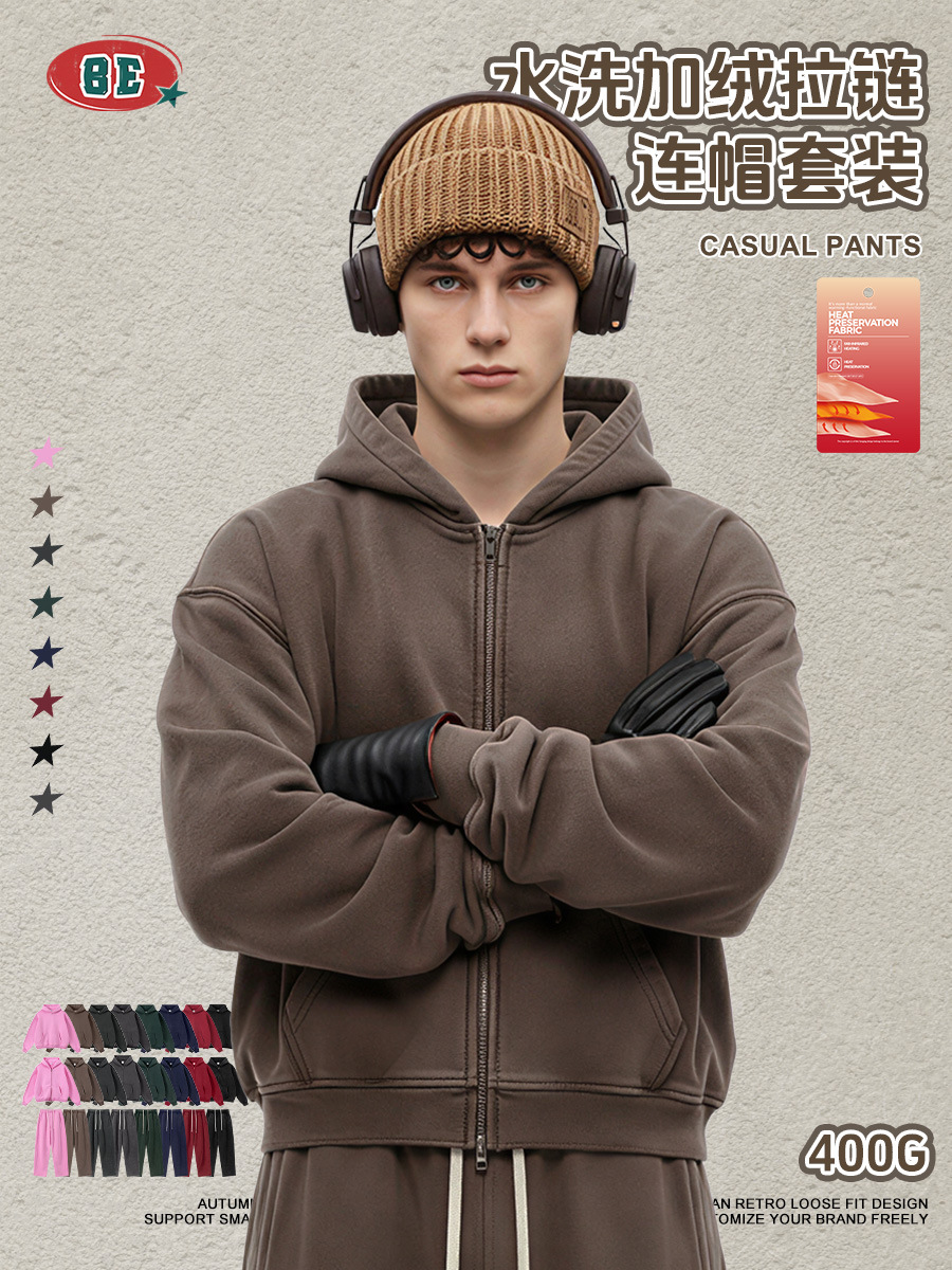 Be Hombres| Otoño y invierno marca de marea lavada con agua retro con camisa encapuchada con cremallera chaqueta de macheta pantalones para hombres