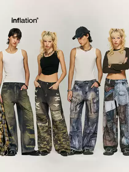 Jie Zhan Men's Clothing | 100% Cotton Digitally Printed Jeans 2026 Spring New Street Style Loose Straight-Leg Pants