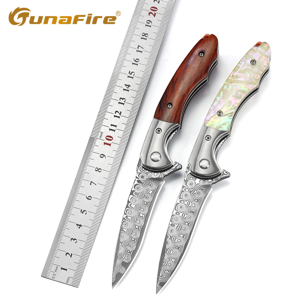 大马士革折叠刀76层白贝黄檀木手柄跨境户外野营露营口袋 折刀