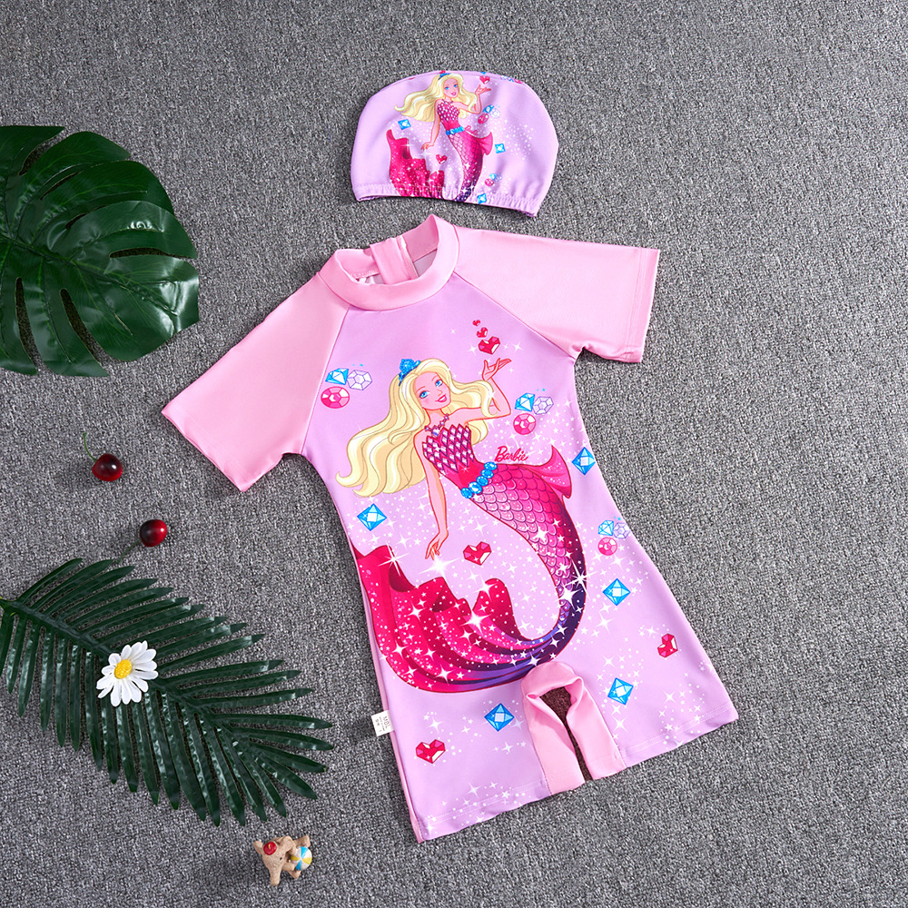 Summer new children's swimsuit one-piece cartoon girls swimsuit short sleeve swimming cap little girl swimming suit sun protection