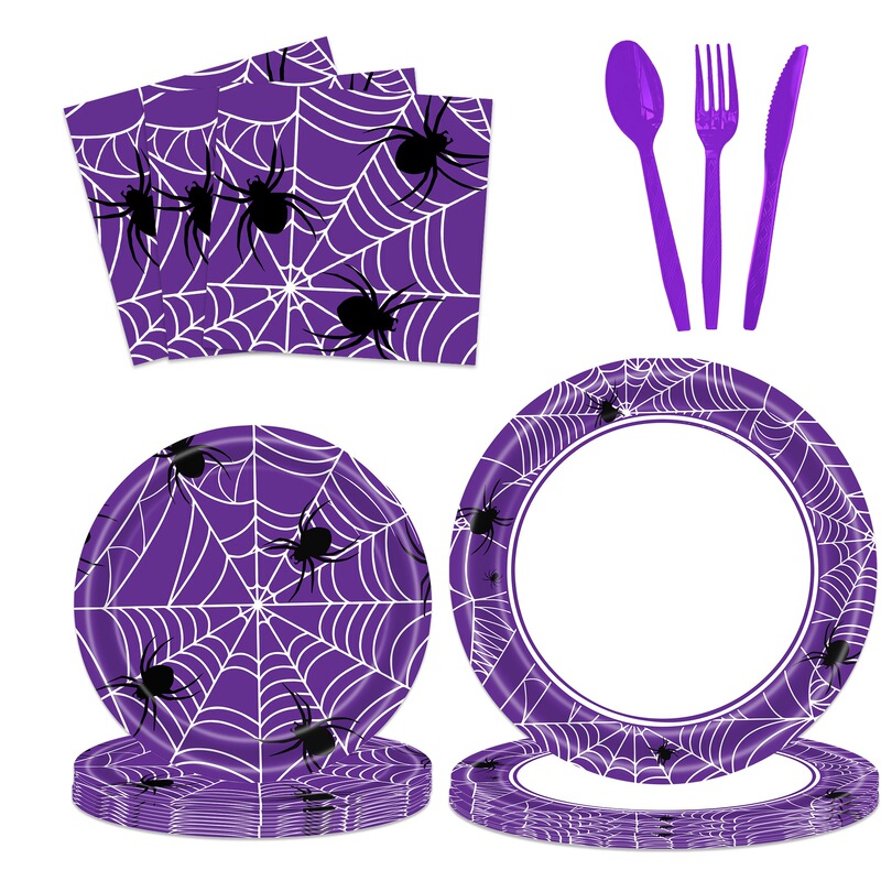 Purple Halloween Spider Web Party Decoration Supplies Disposable Children's Paper Cups Paper Plates Tissue Party Set