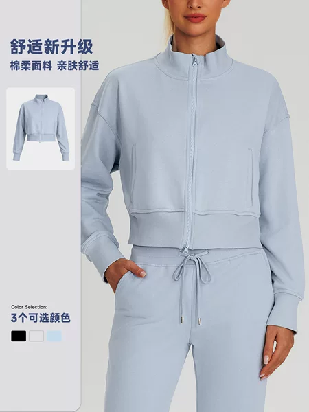 Autumn and Winter Sports Jacket Short Stand-Up Collar Yoga Jacket with Pockets Casual Fitness Top Zip-Up Cardigan 24321