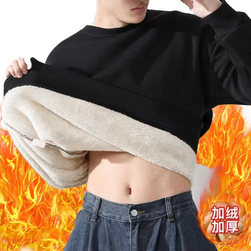 Alpaca velvet one-piece velvet warm Men's autumn and winter new long-sleeved T-shirt sweater men's loose round neck top clothes casual