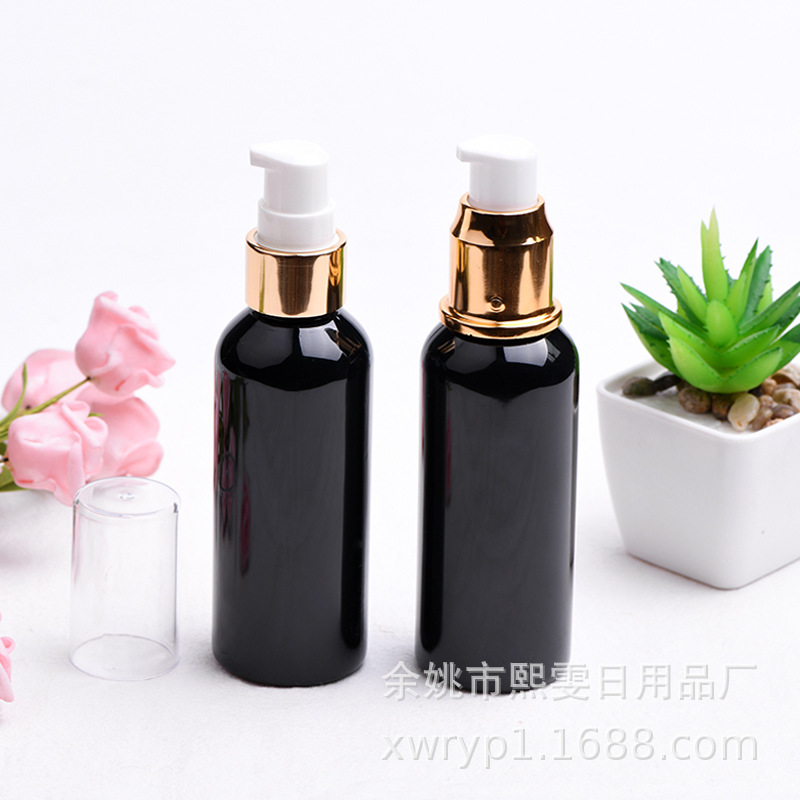 80ml圆黑塑料避光瓶配20口电化铝P10p02粉泵乳液头化妆瓶按压瓶