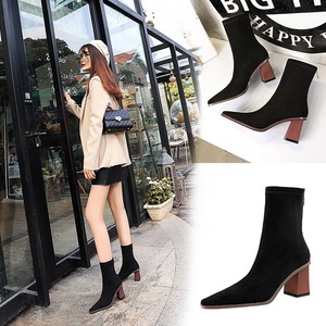 333-12 European and American wind wood with thick with high heel fashion show small square thin suede short boots sexy f