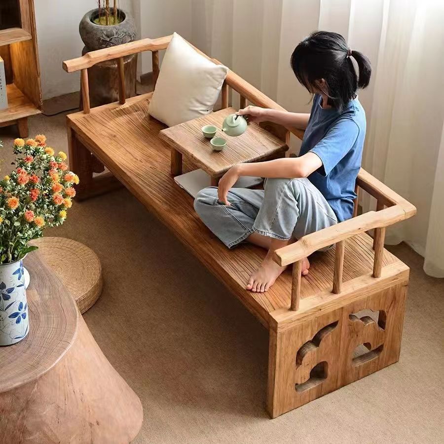 Old Elm Arhat Bed New Chinoiserie Leisure Lounge Chair Solid Wood Sofa Bed Solid Wood Meditation Zen Bed Solid Wood Lounge Chair