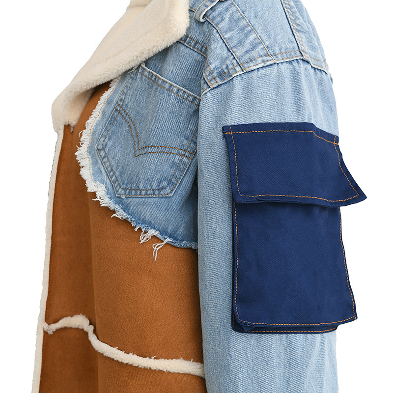 Australian Trendy Brand New Velvet Denim Splicing Jacket Winter Lamb Wool Lining Large Lapel Long Thickeneded Cotton Outwear