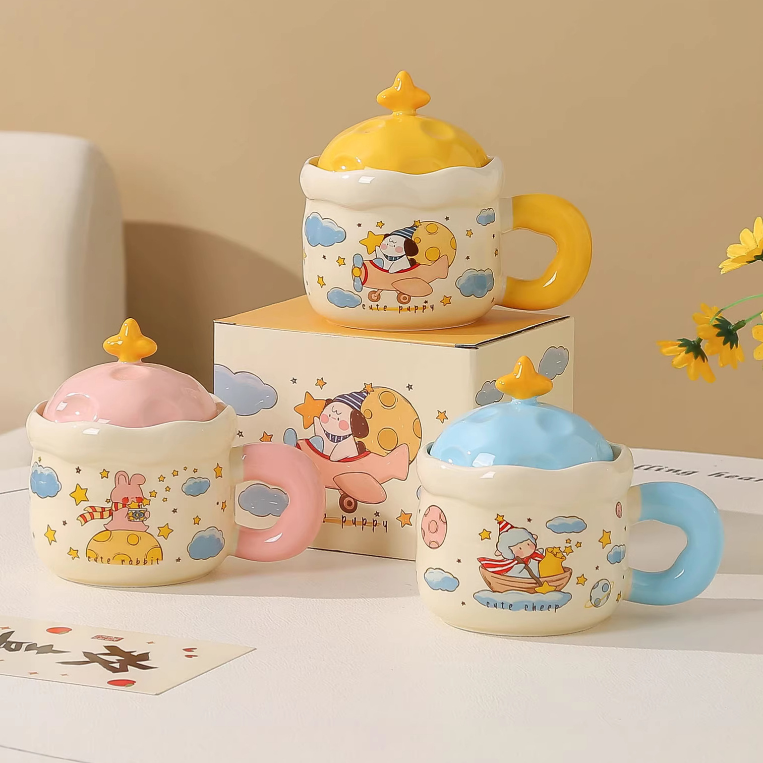 Copa de cerámica encantadora de dibujos animados planetas tazas con cubierta de cumpleaños para regalar tazas de agua de chicas regalo de mano tazas de oficina image 1