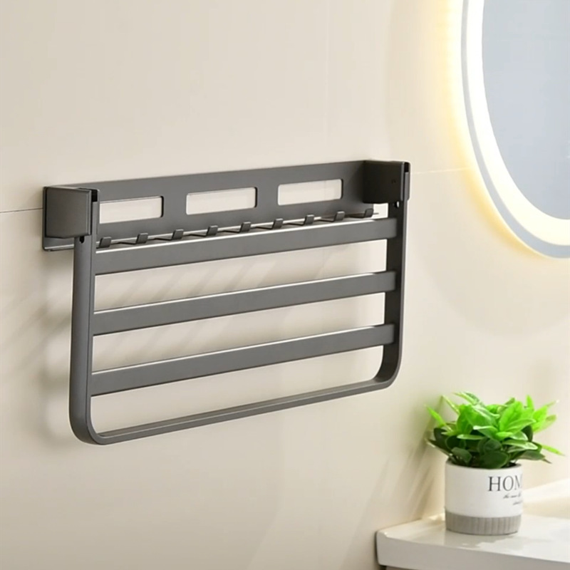 Estante de baño sin perforación de aluminio, plegable con ganchos