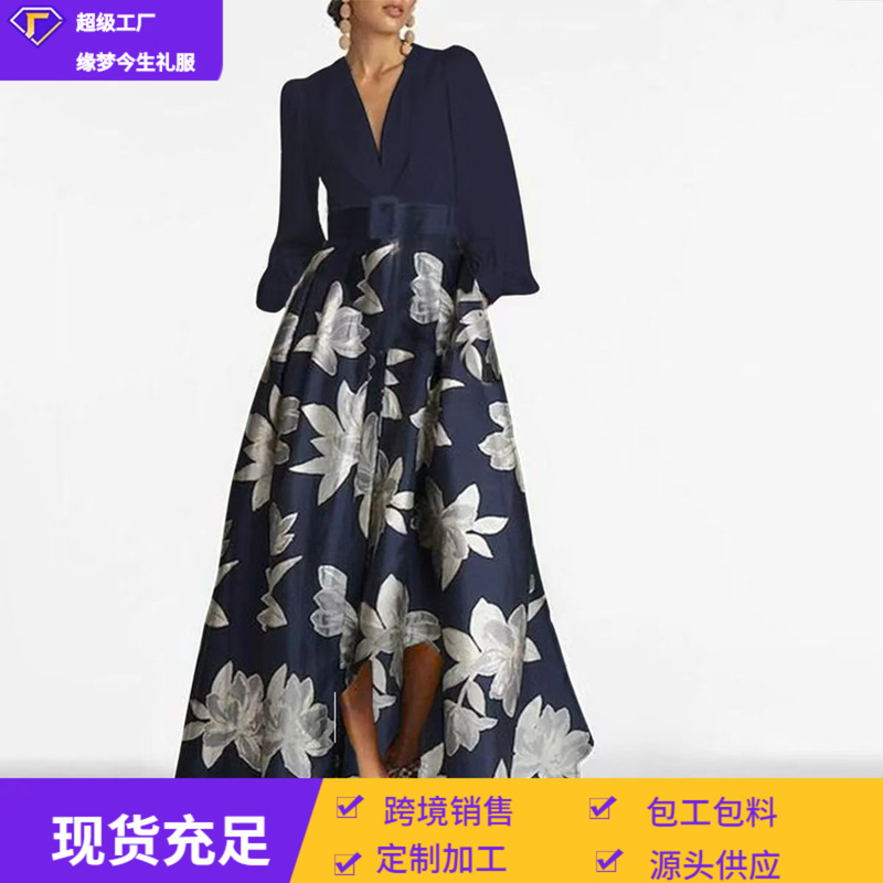 European and American Amazon Dress 2026 New Long Style Patchwork V-Neck Long-Sleeved Printed Elegant and Fashionable Dress