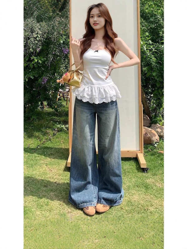 小个子美式复古水洗阔腿牛仔裤女高腰宽松显瘦垂感直筒拖地长裤潮|undefined