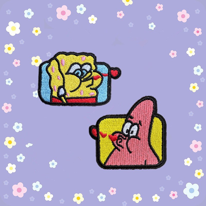 自粘款卡通刺绣海绵宝宝布贴羽绒服衣服包包装饰贴花补丁贴魔术贴