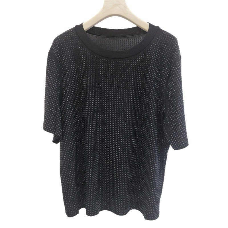 Diseño de diamante caliente de industria pesada sensación de cuello redondo chaqueta de alta calidad gran sensación de camiseta de verano de mujer nueva moda de blusa suelta versátil image 5