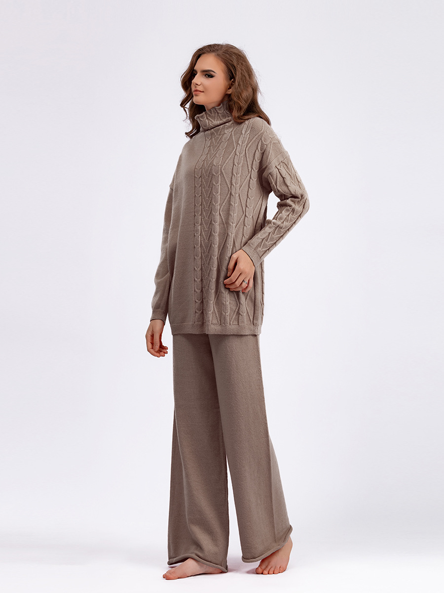 Damenbekleidung Herbst und Winter große Größe Rollkragenanzug Mode neue sanfte faule Stil Pullover zweiteiliges Set einfarbig gestrickt_voghion.com