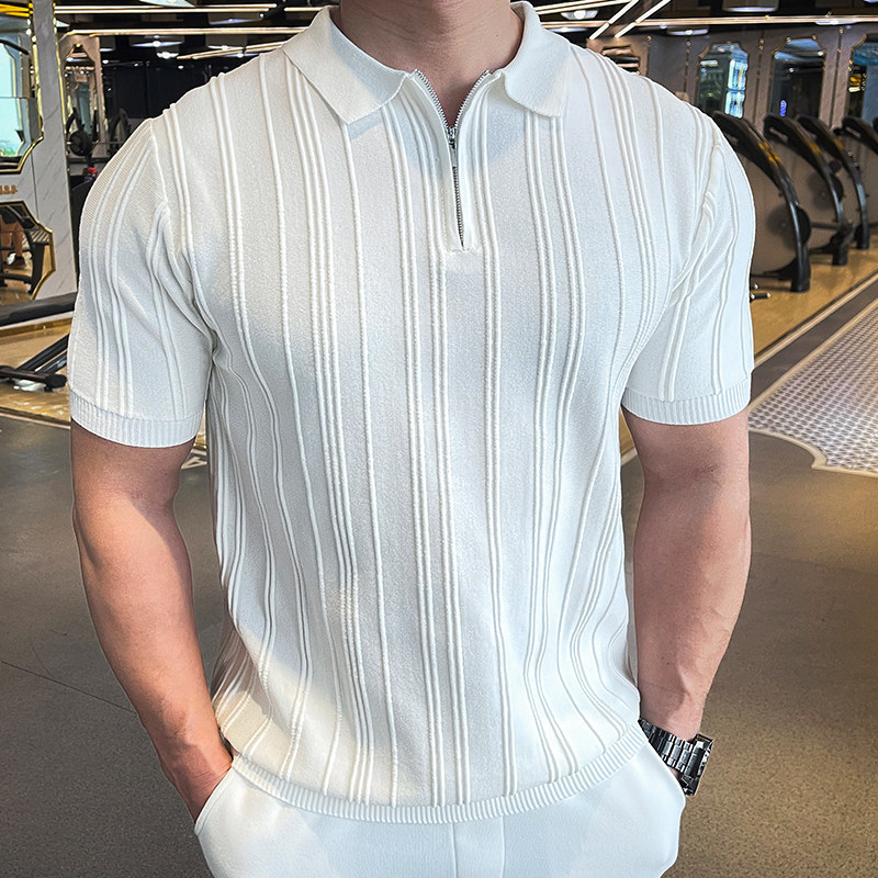 Polo camiseta de punto camiseta de manga corta hombre solapa media cremallera rayas viejas camisetas de hielo de viento de verano fábrica transfronteriza al por mayor