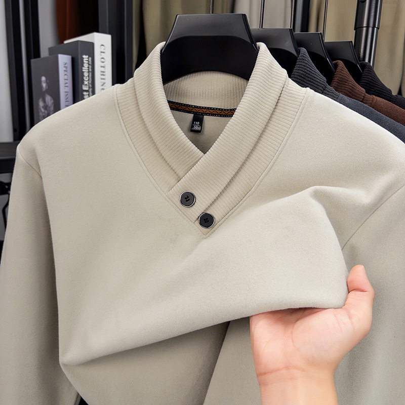 Cross-Border Wholesale Men's Double-Sided German Velvet Self-Heating Bottoming Shirt Sweatshirt Autumn and Winter Scarf Collar Solid Color Casual Top